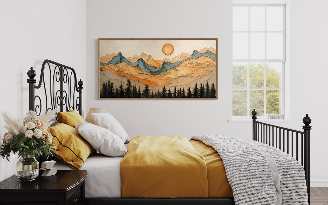 Layered Wood Rustic Mountain Cabin Framed Canvas Wall Decor in bedrom