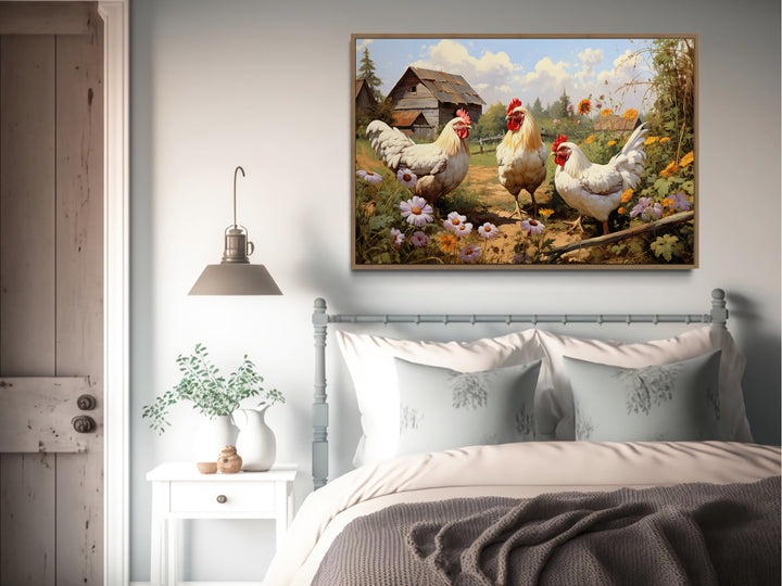 Three Chickens On the Farm Farmhouse Wall Decor above bed