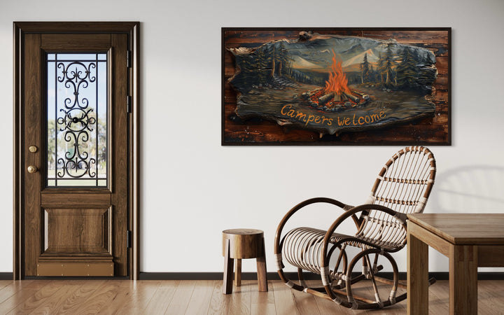 Campfire "Campers Welcome" Sign Over Fireplace Mantel Wall Art in living room