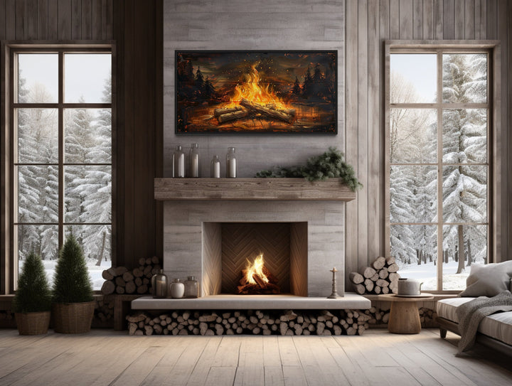 Campfire In The Forest Painted On Wood Camping Wall Art above fireplace