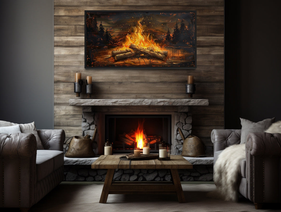 Campfire In The Forest Painted On Wood Camping Wall Art above mantel