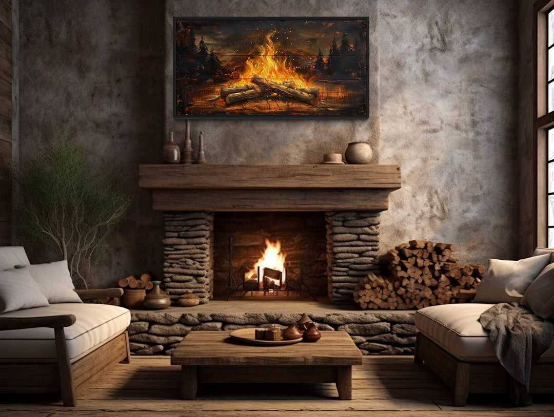 Campfire In The Forest Painted On Wood Camping Wall Art above mantel