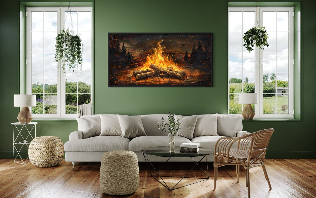 Campfire In The Forest Painted On Wood Camping Wall Art