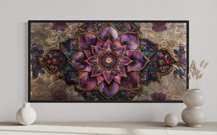 Purple Lotus Mandala Indian Rug Style Framed Canvas Wall Art close up