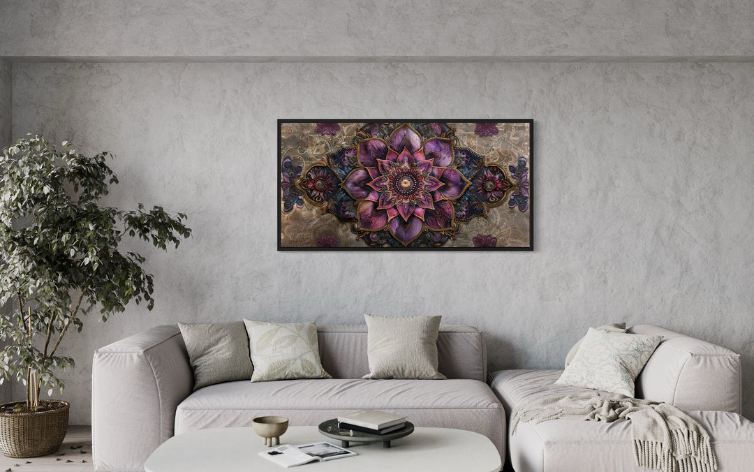 Purple Lotus Mandala Indian Rug Style Framed Canvas Wall Art in living room