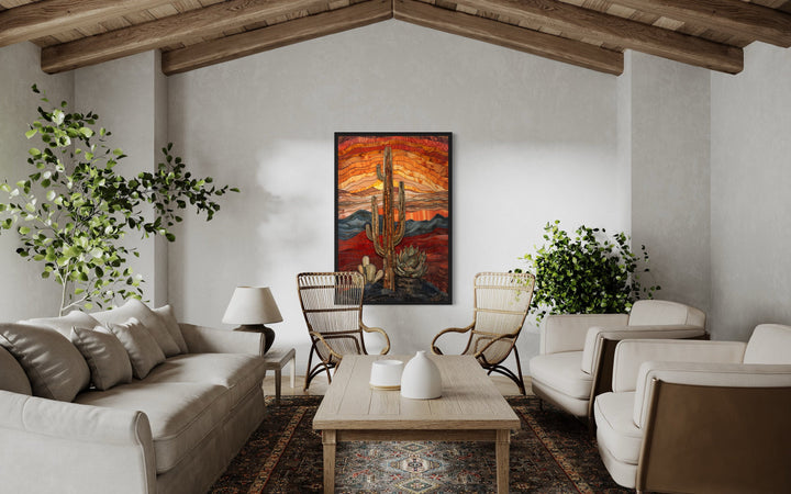 Saguaro Cactus In The Desert Burgundy Red Sage Green Wall Art in living room