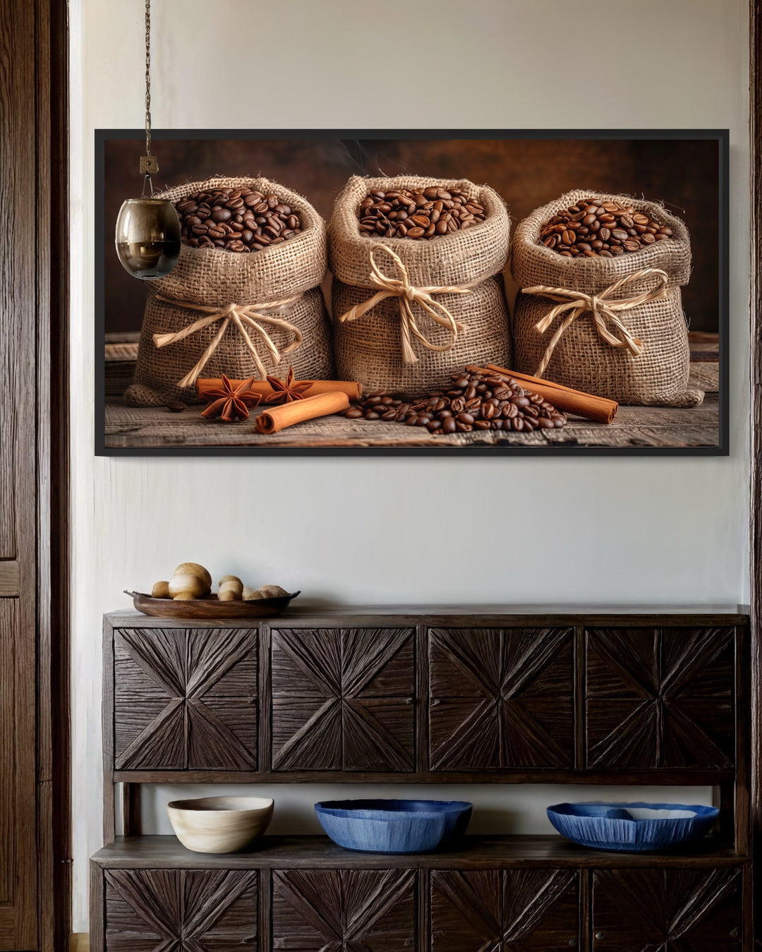 Coffee In Burlap Bags And Cinnamon Sticks Framed Canvas Wall Art in the kitchen