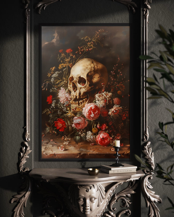 Gothic Human Skull And Flowers Framed Canvas Wall Art in gothic room