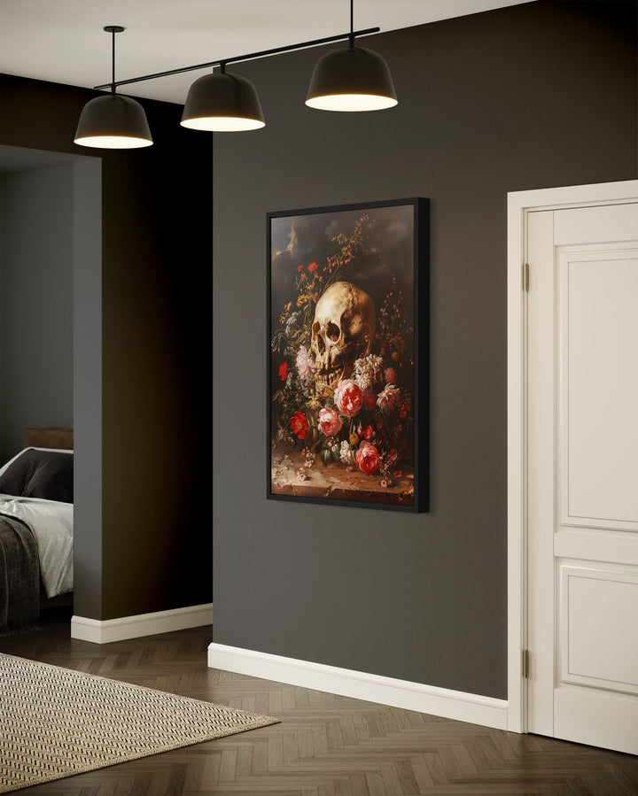 Gothic Human Skull And Flowers Framed Canvas Wall Art in living room side view