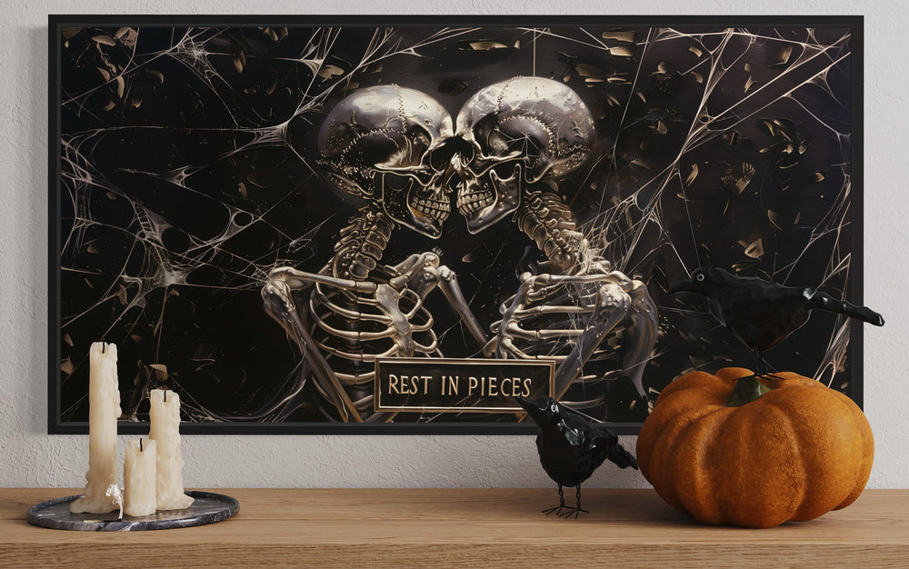 Black White Skeleton Skulls With Rest In Pieces Plaque Halloween Wall Art close up