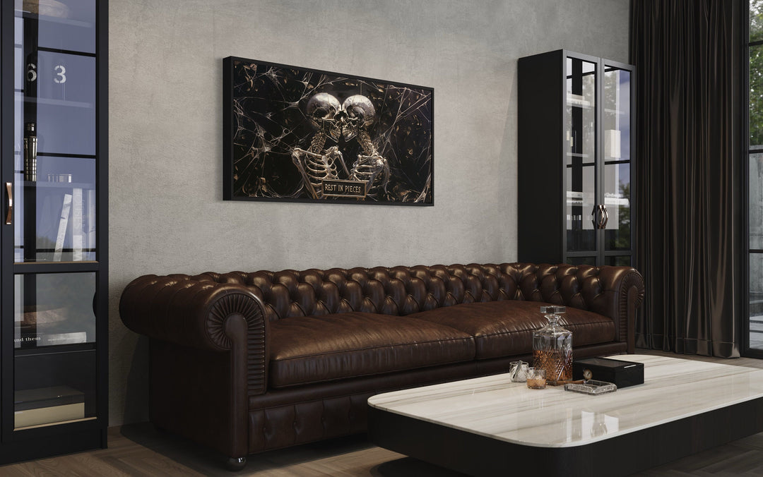 Black White Skeleton Skulls With Rest In Pieces Plaque Halloween Wall Art in man cave side view