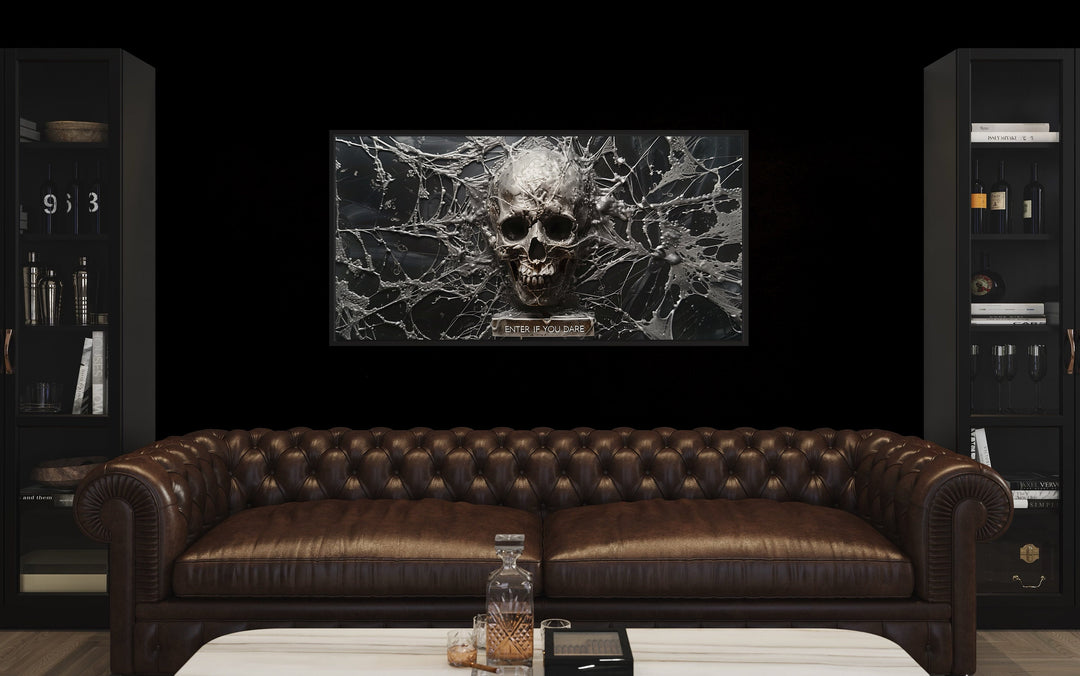 Black White Skeleton Skull With Spiderweb Halloween Wall Art in man cave