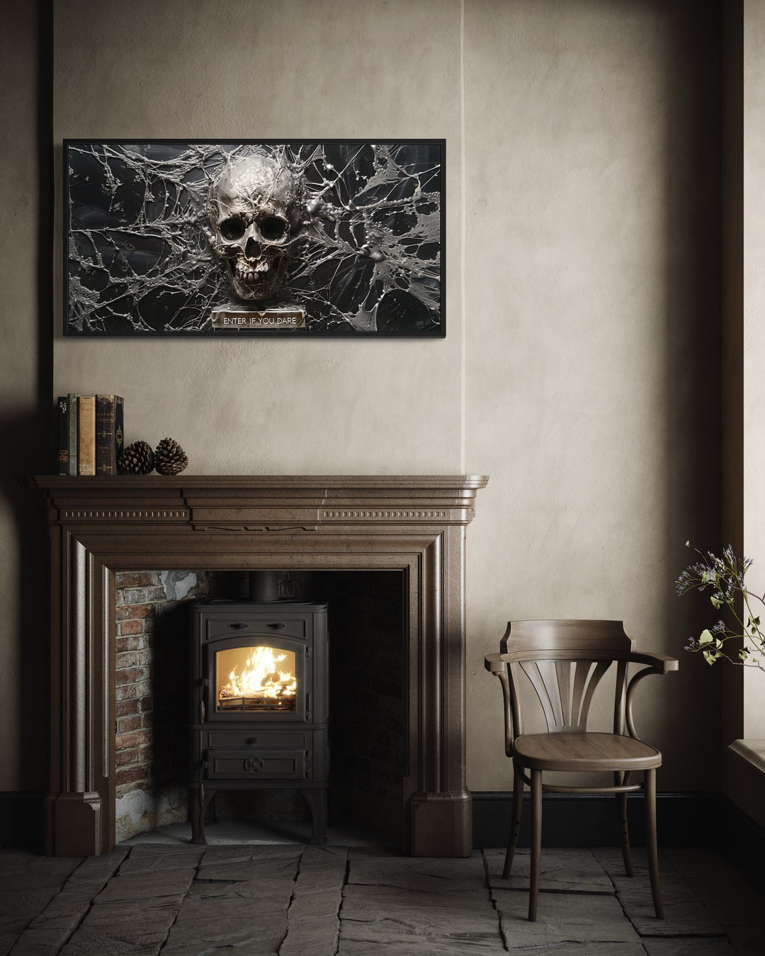 Black White Skeleton Skull With Spiderweb Halloween Wall Art above fireplace