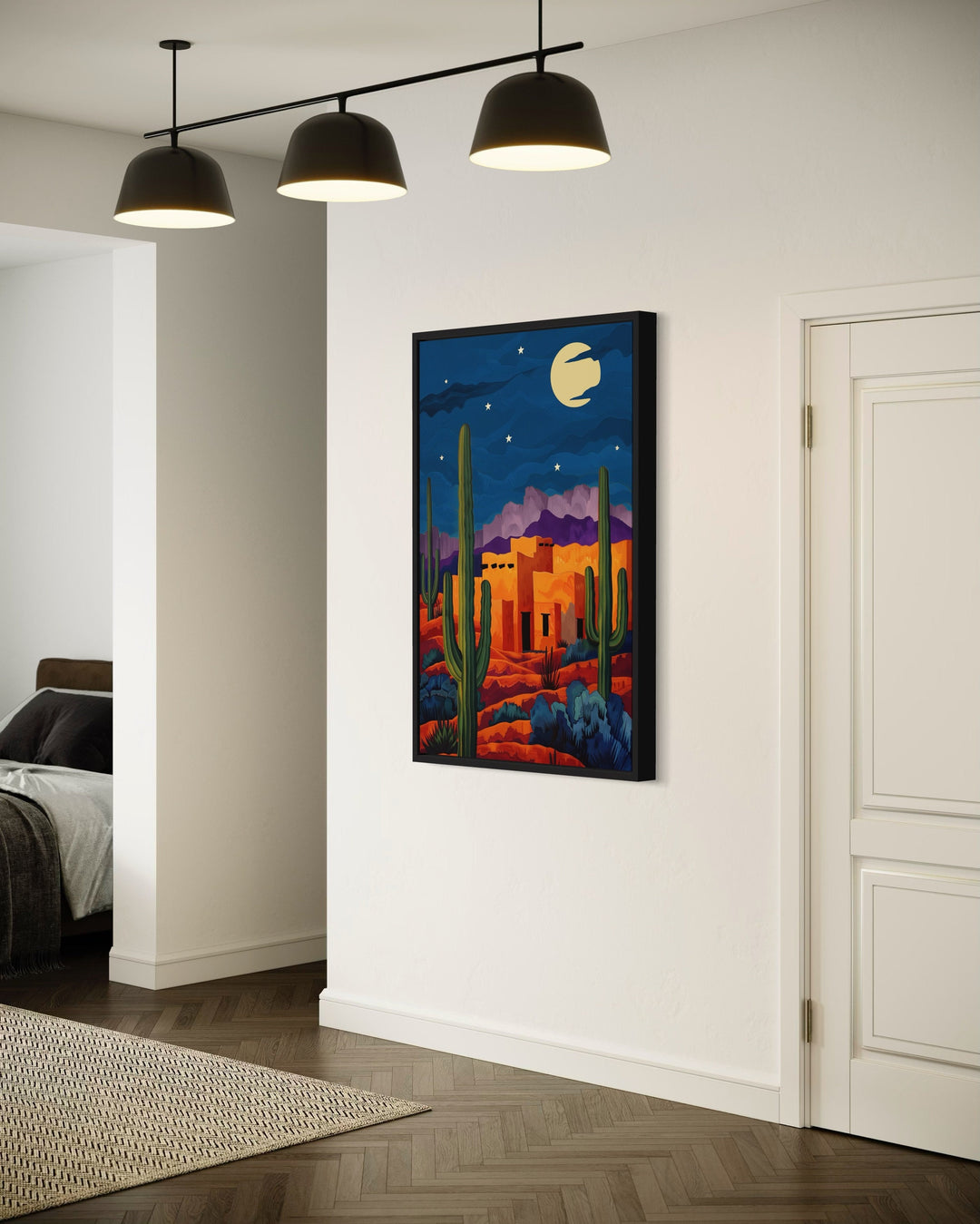 Pueblo With Saguaro Cacti At Night Mexican Desert Wall Art in living room side view