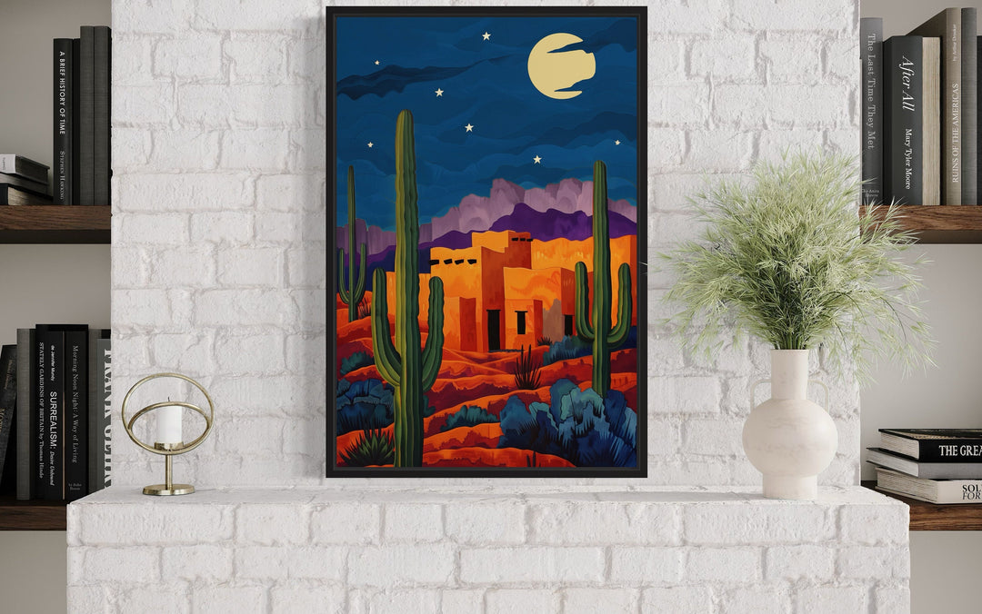 Pueblo With Saguaro Cacti At Night Mexican Desert Wall Art