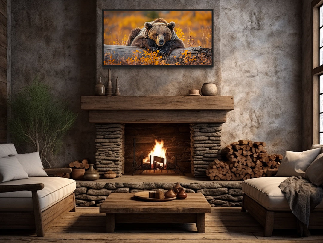 Grizzly Bear On A Log In Autumn Forest Framed Canvas Wall Art above fireplace