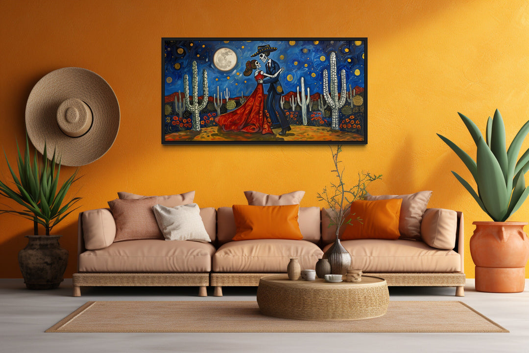 Day of The Dead Skeleton Couple Dancing In Desert At Night Mexican Wall Art in mexican room