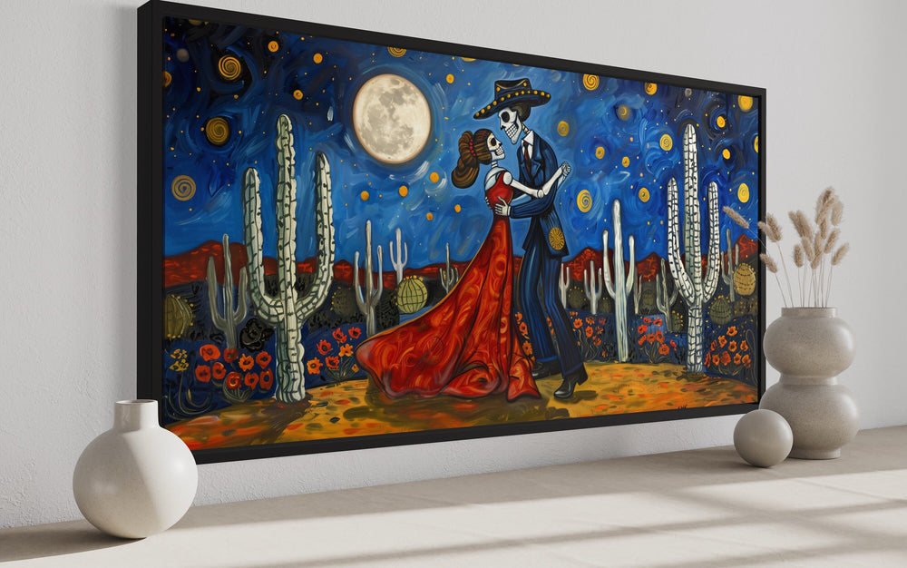 Day of The Dead Skeleton Couple Dancing In Desert At Night Mexican Wall Art side view