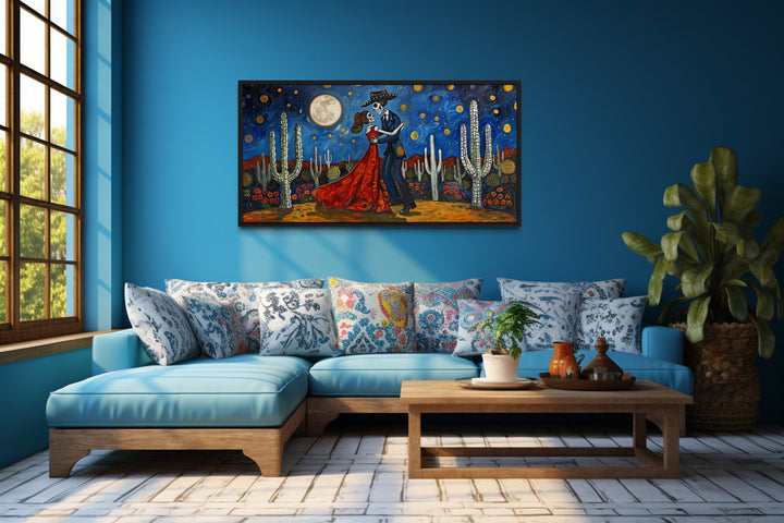 Day of The Dead Skeleton Couple Dancing In Desert At Night Mexican Wall Art