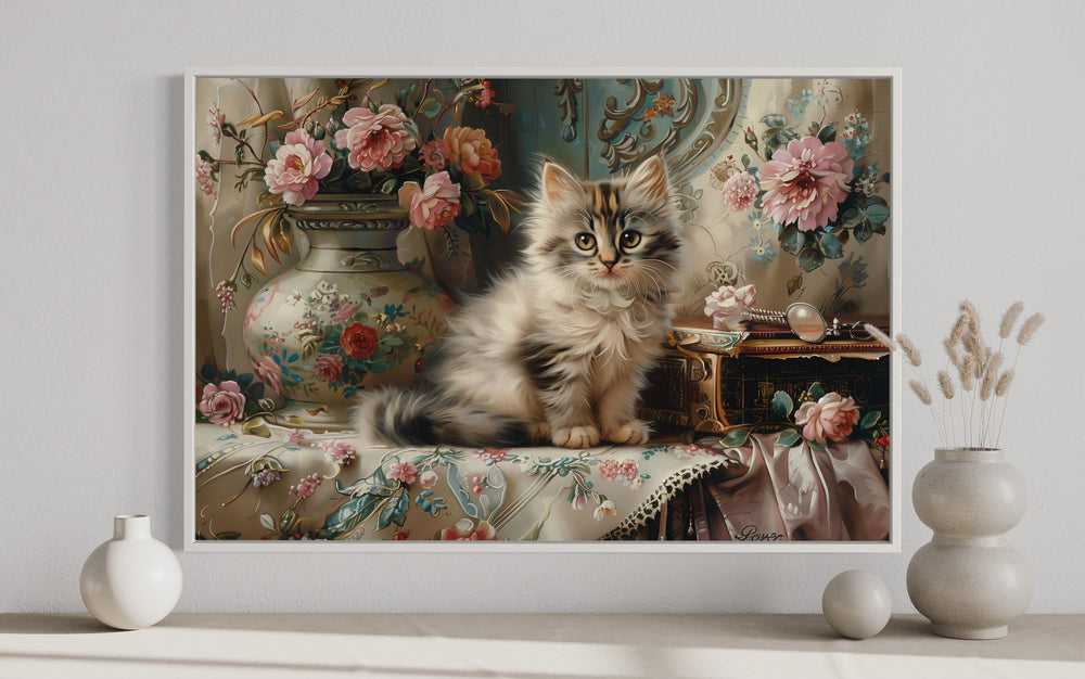 Cute Kitten And Flowers Victorian Painting Framed Canvas Wall Art close up