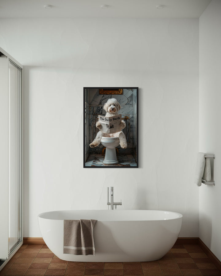 White Goldendoodle Dog On The Toilet Reading Newspaper Wall Art in the bathroom