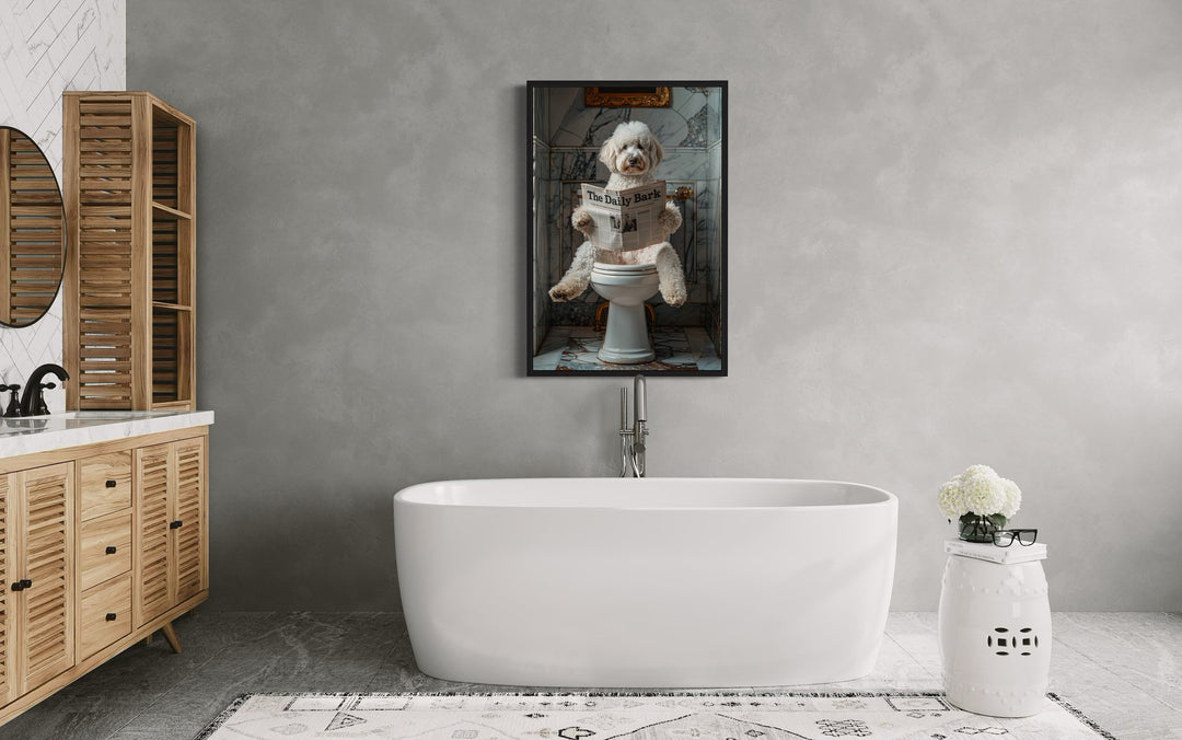 White Goldendoodle Dog On The Toilet Reading Newspaper Wall Art in the bathroom