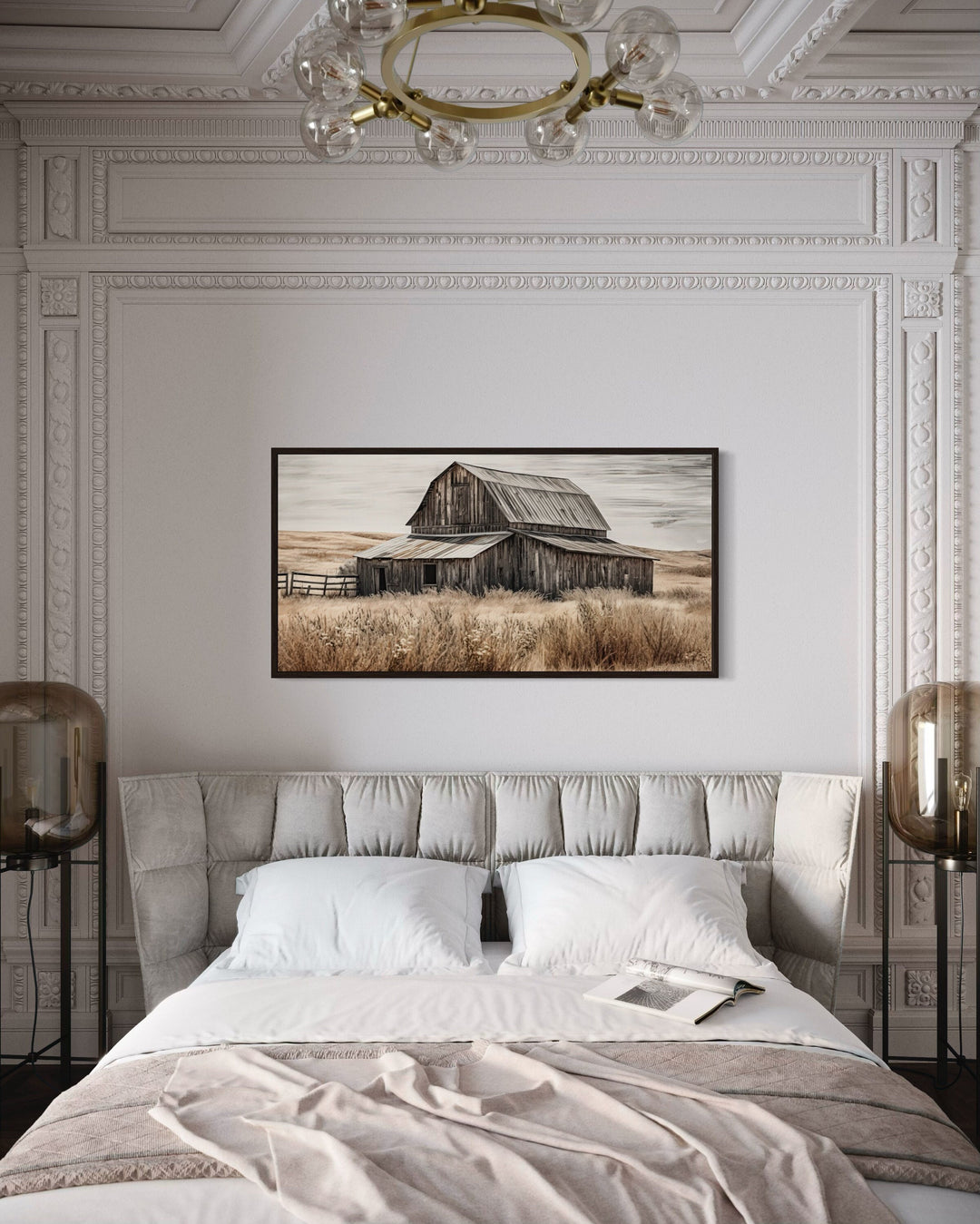 Rustic Chic Old Farm Barn Painting On Wood Framed Canvas Wall Art above bed