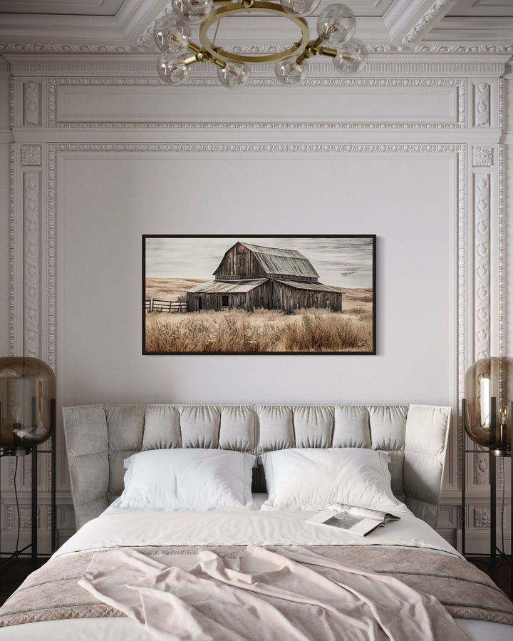 Rustic Chic Old Farm Barn Painting On Wood Framed Canvas Wall Art above bed