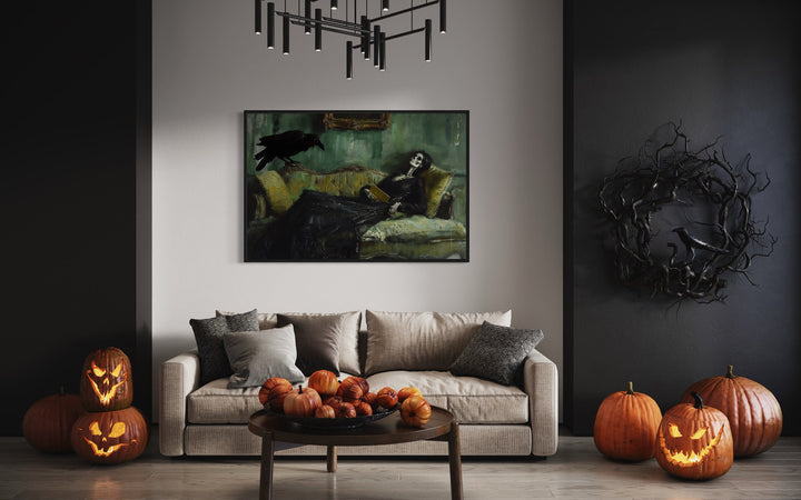 Skeleton Decadent Young Woman After The Dance Gothic Halloween Wall Art above couch