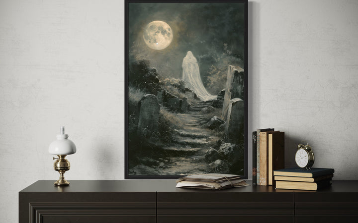 Ghost At Cemetery Graveyard At Full Moon Gothic Halloween Wall Art close up