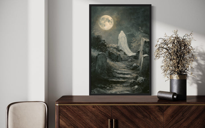 Ghost At Cemetery Graveyard At Full Moon Gothic Halloween Wall Art close up