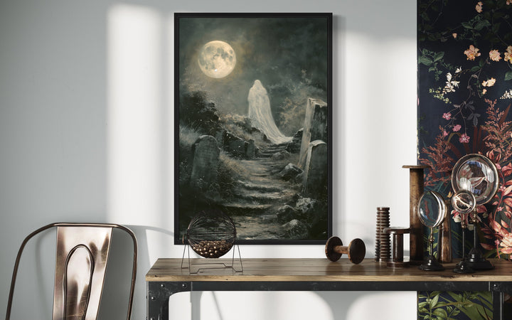 Ghost At Cemetery Graveyard At Full Moon Gothic Halloween Wall Art close up