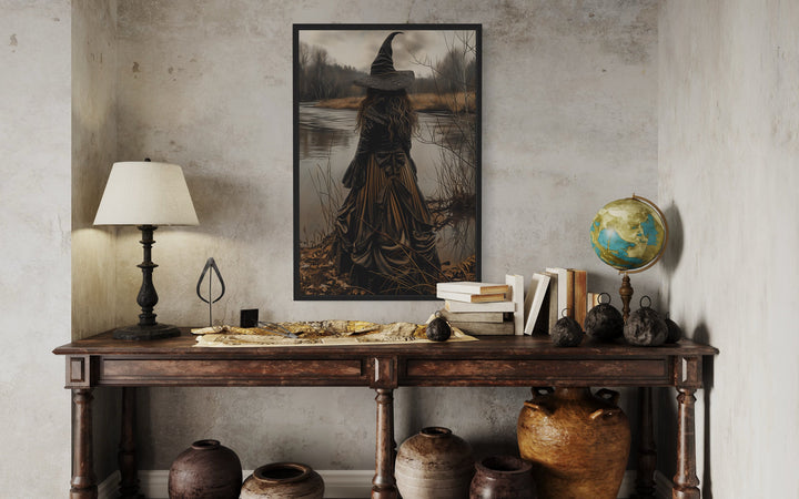 Salem Witch At The Lake Halloween Wall Art above table