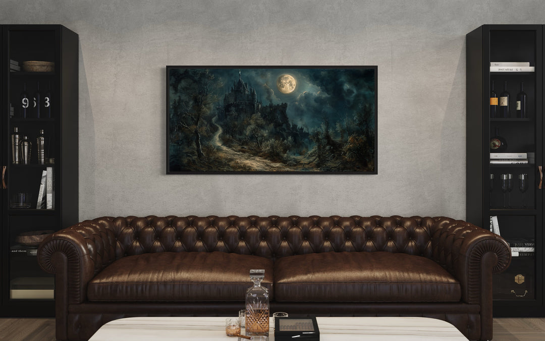 Gothic Haunted Dilapidated Castle Under Moon Dark Halloween Artwork above couch