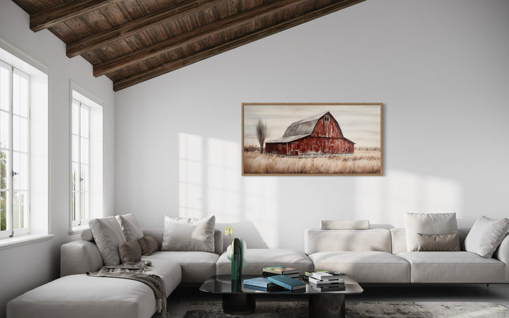 Rustic Red Old Farm Barn Painting On Wood Farmhouse Canvas Wall Art above white couch