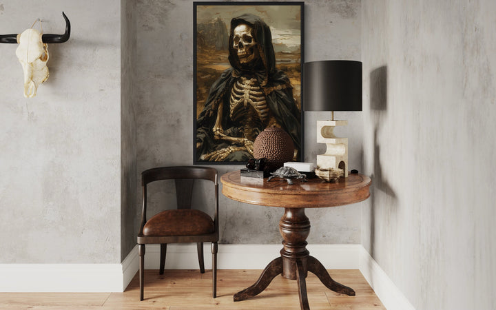 Altered Art Mona Lisa Skeleton Gothic Halloween Wall Art on the wall