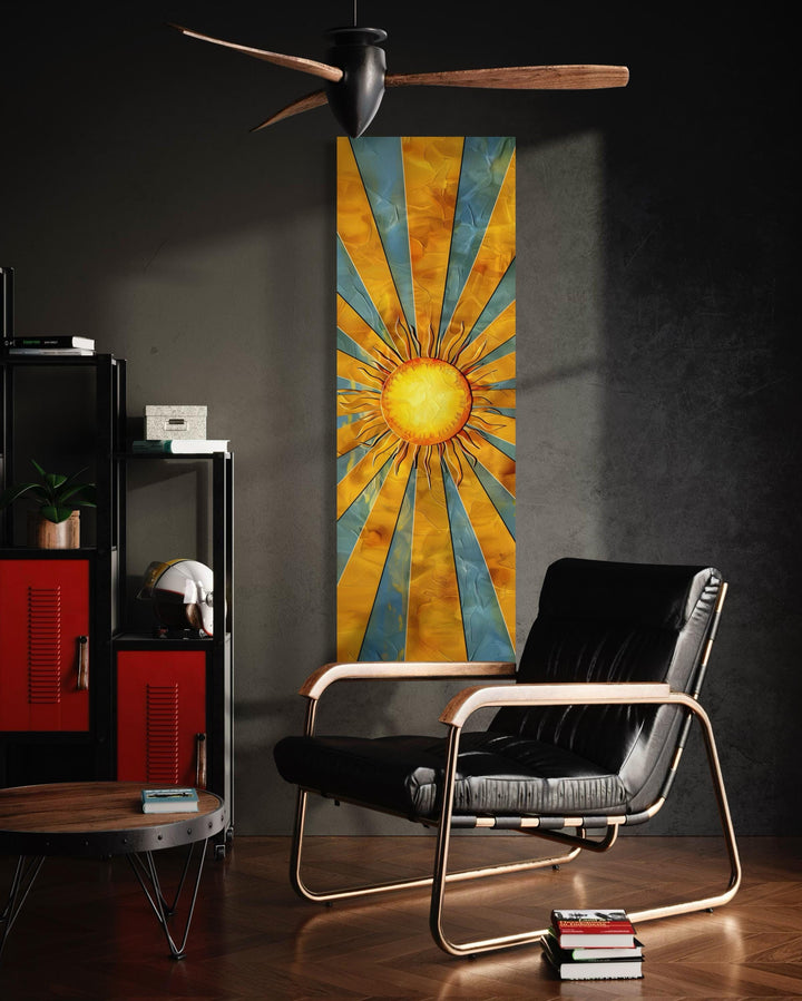 Vertical Narrow Yellow Sun In Blue Sky Framed Canvas Wall Art