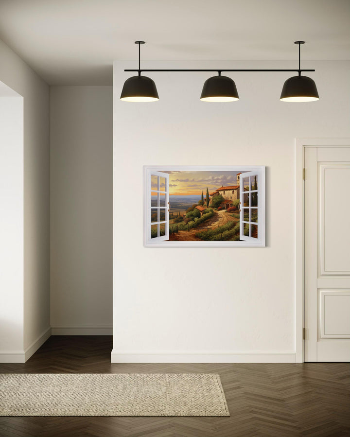 Tuscany Hills Italian Landscape View From Open Window Canvas Wall Art in living room