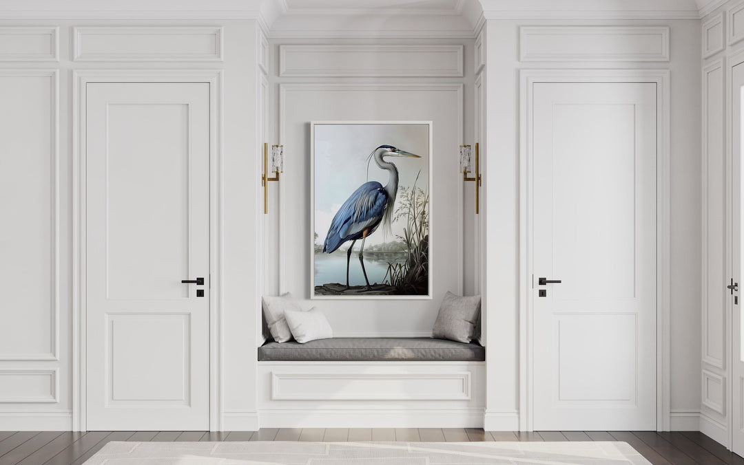 Blue Heron Painting Coastal Framed Canvas Wall Art in living room