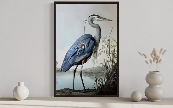 Blue Heron Painting Coastal Framed Canvas Wall Art close up