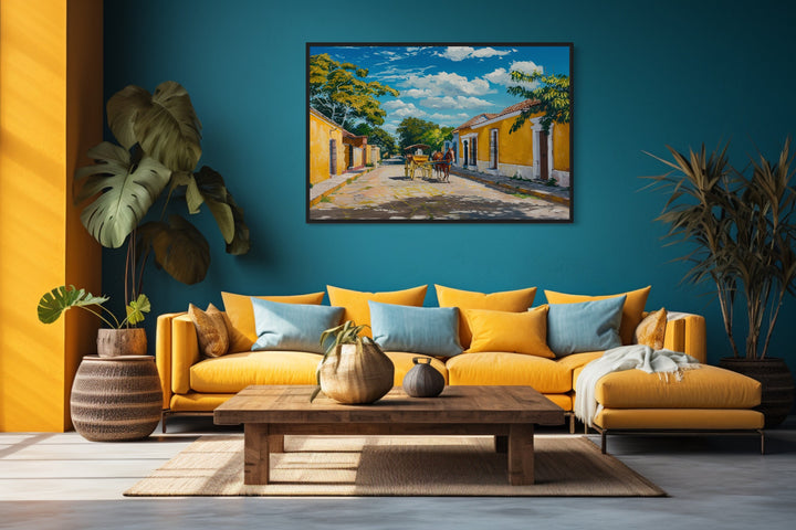 Izamal Painting With Horse Carriage Mexican Framed Canvas Wall Art in living room