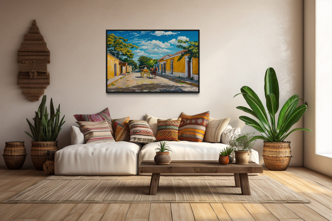 Izamal Painting With Horse Carriage Mexican Framed Canvas Wall Art in living room