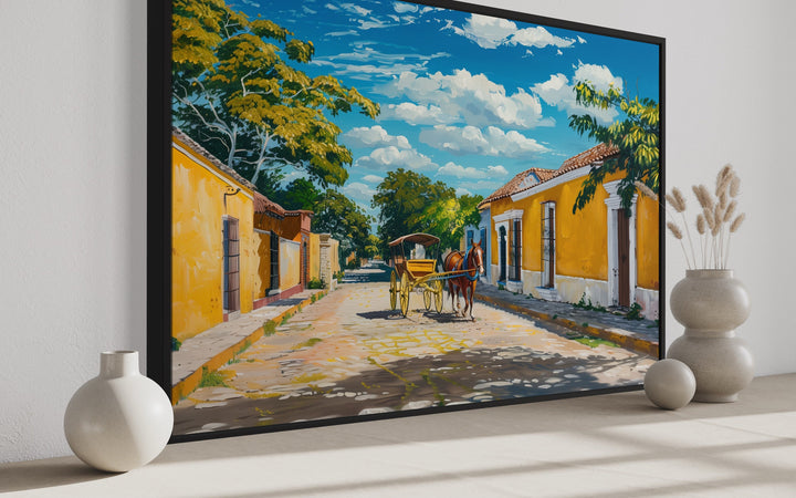 Izamal Painting With Horse Carriage Mexican Framed Canvas Wall Art side view