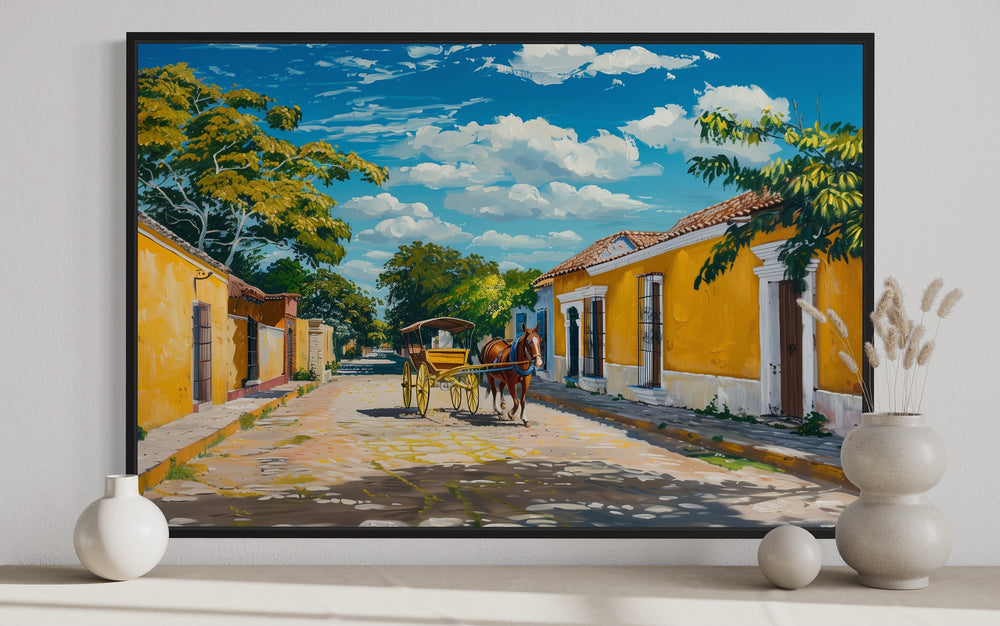 Izamal Painting With Horse Carriage Mexican Framed Canvas Wall Art close up