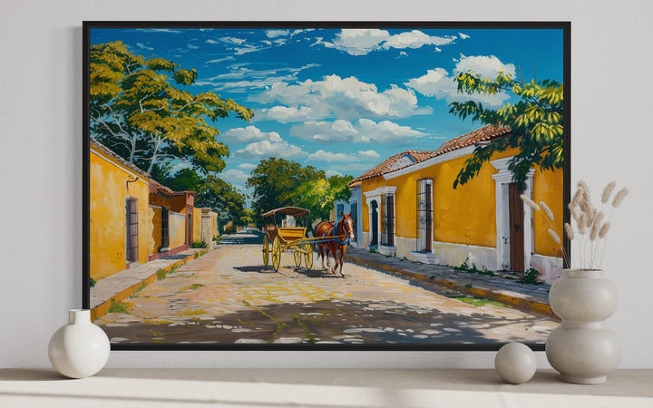 Izamal Painting With Horse Carriage Mexican Framed Canvas Wall Art close up