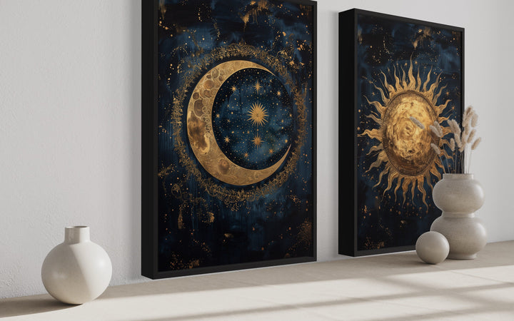 Sun And Moon Set Of 2 Navy Blue Gold Framed Canvas Wall Art side view