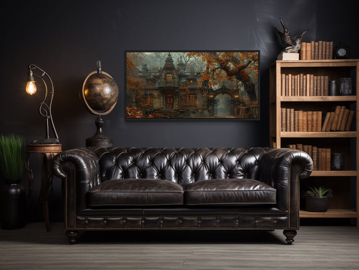 Gothic Haunted Victorian House In Autumn Fog Wall Art in dark room