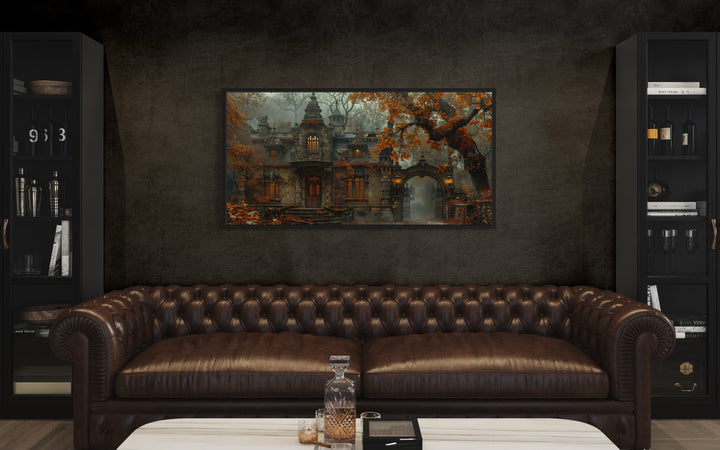 Gothic Haunted Victorian House In Autumn Fog Wall Art above couch