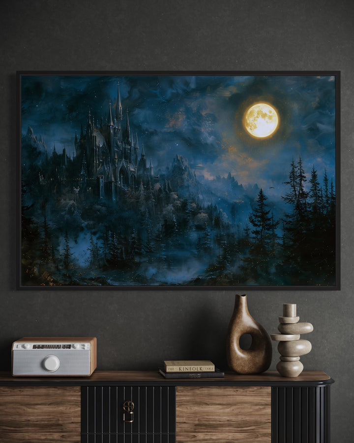 Spooky Gothic Haunted Castle Under Moon Navy Blue Wall Art above table