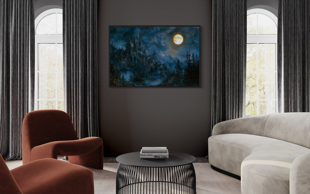 Spooky Gothic Haunted Castle Under Moon Navy Blue Wall Art in living room